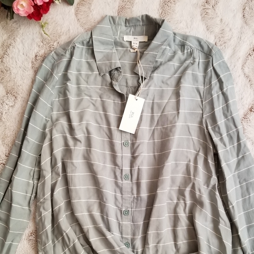 BLL Cherie Classic Nautical Moss Stripe Button Sash Bottom Shirt NWT‎ Size M